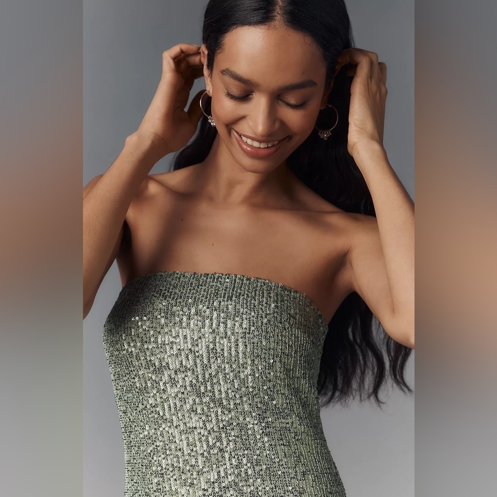 NWT!Anthro Moss Green The Fleur Strapless Satin Maxi Slip Dress: Sequin Edition🏆 - Picture 3 of 10